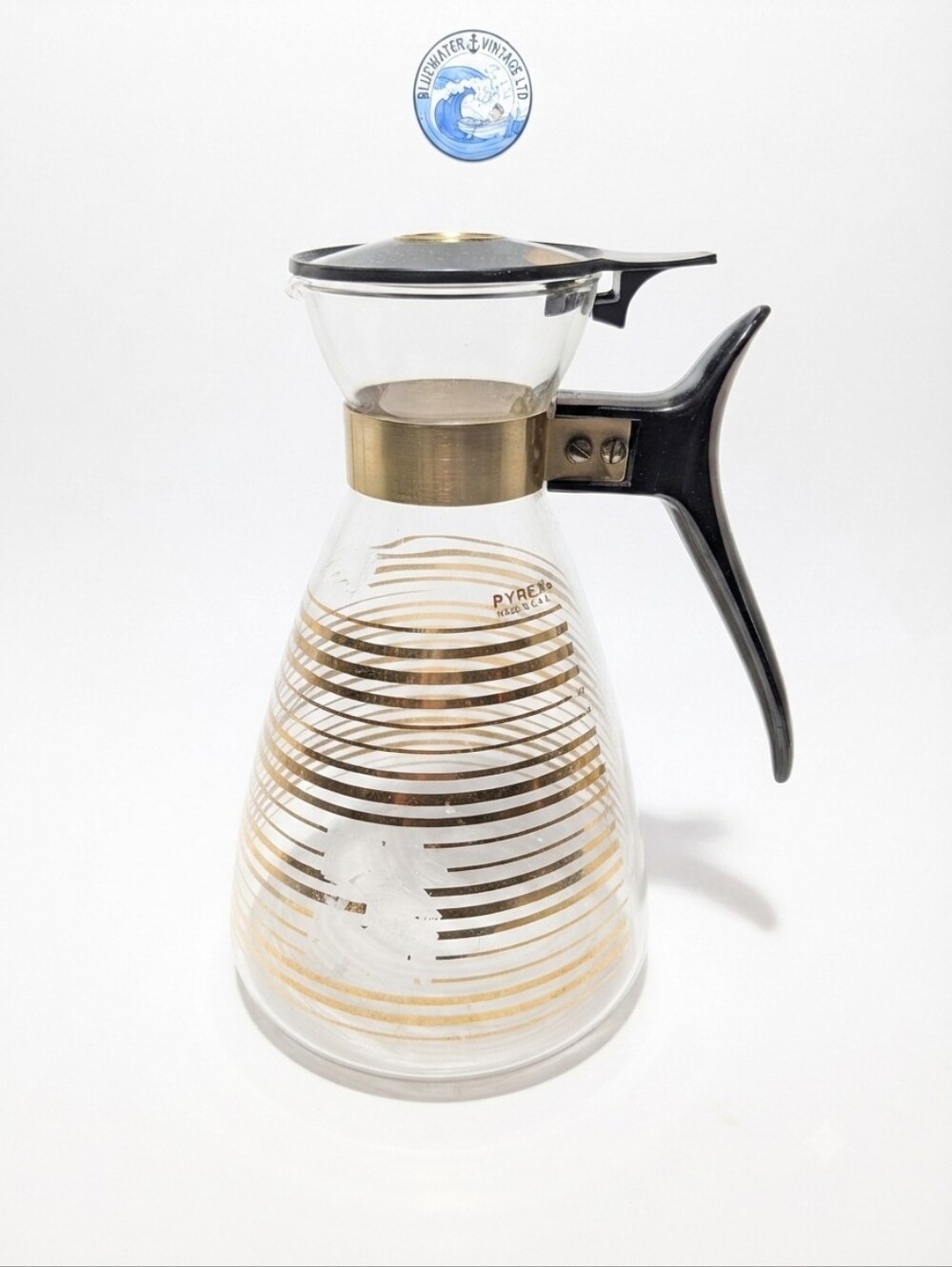 1950s-60s Pyrex Gold Stripe 10-Cup Coffee Carafe MCM Retro Barware